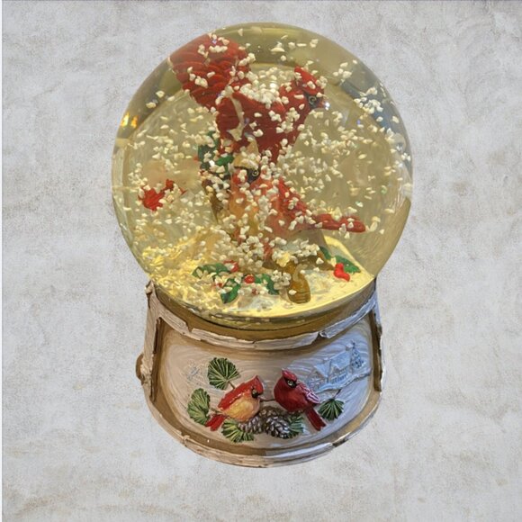 CHRISTMAS SNOW GLOBE -- Musical, Red Cardinals, Holly, Plays "We Wish You Merry" - Picture 6 of 7